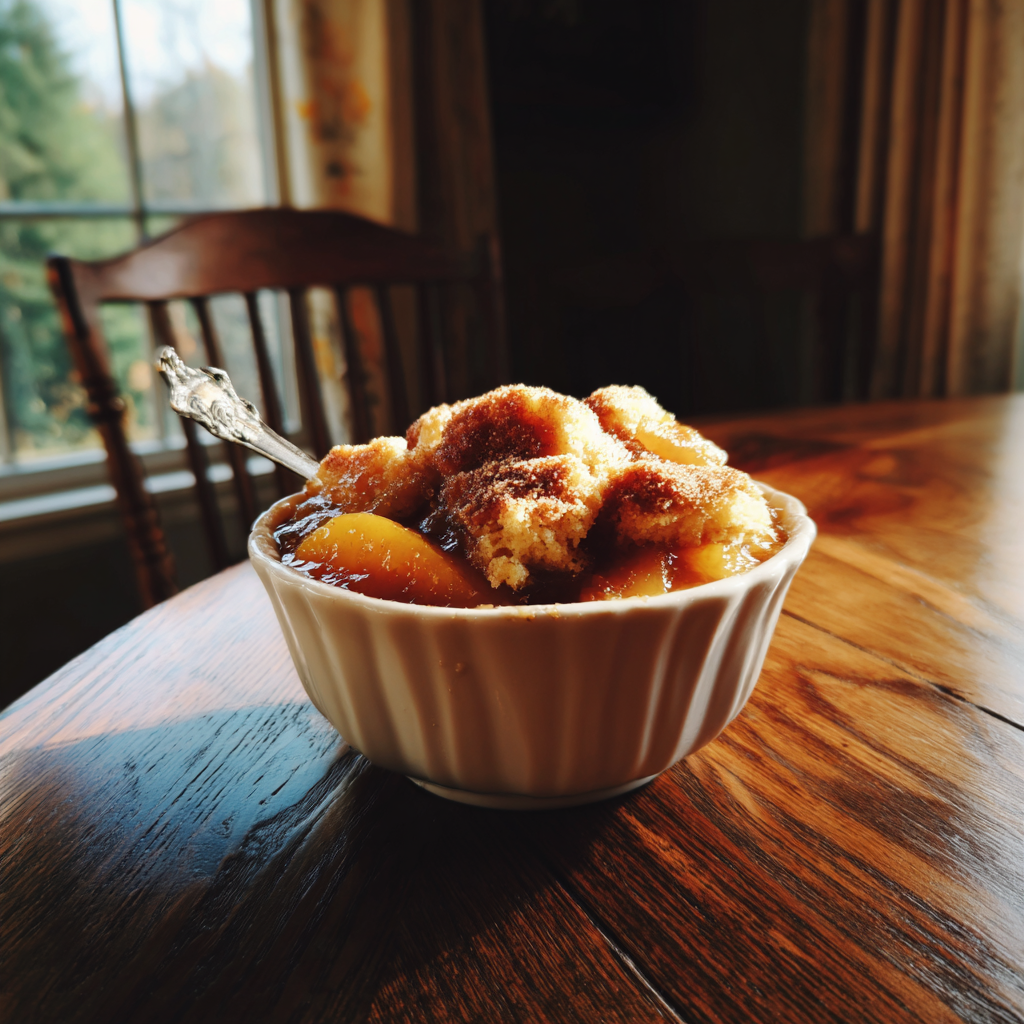 A bowl of peach cobbler | Source: Midjourney