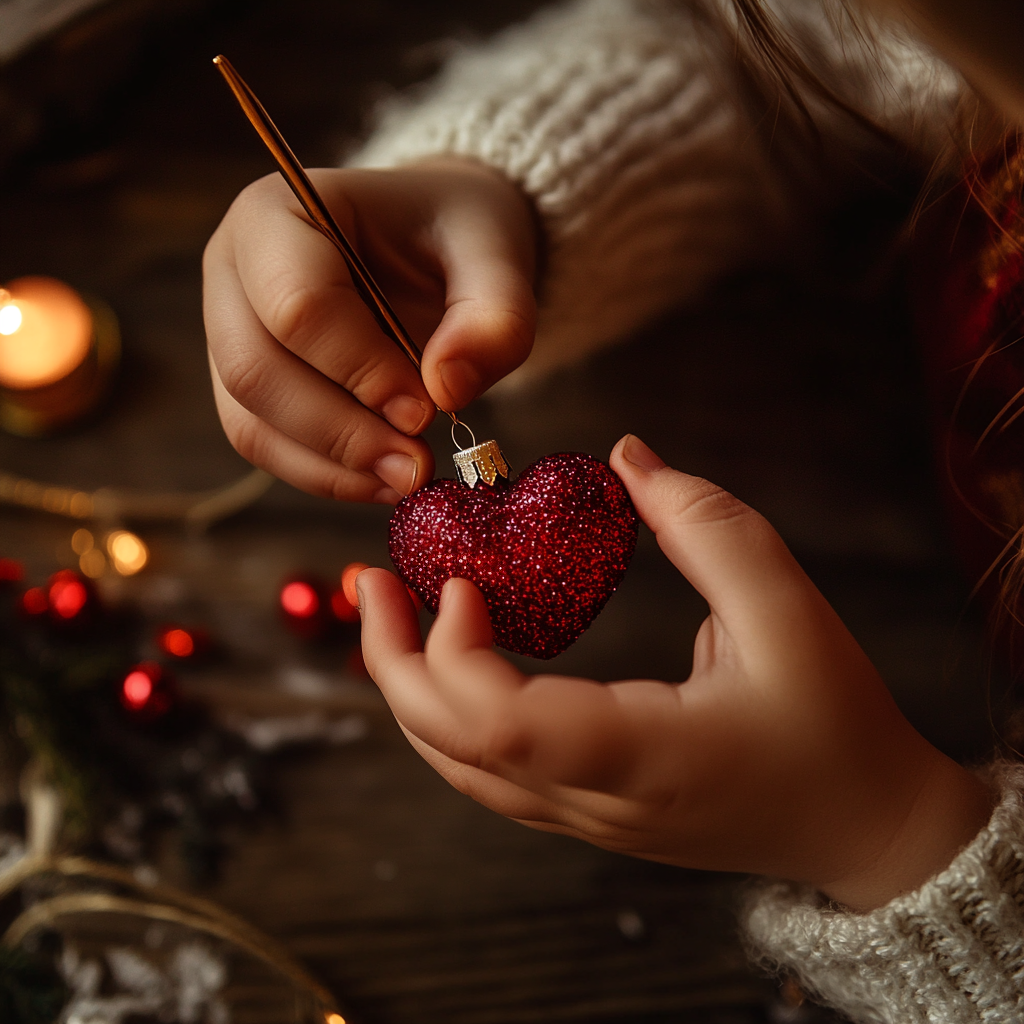 A little girl making a glittery Christmas ornament | Source: Midjourney