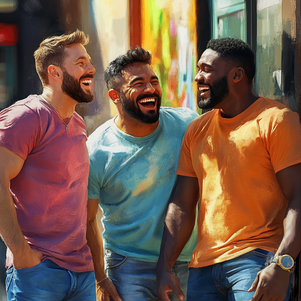 Three men laughing | Source: Midjourney