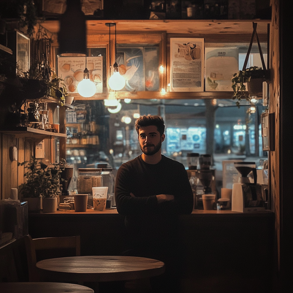 A young man standing in his cozy coffee shop at night | Source: Midjourney