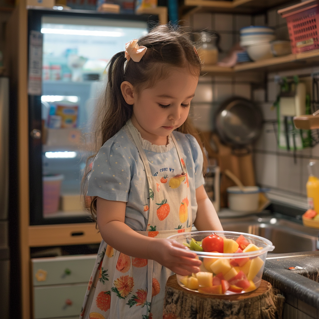 A little girl preparing a salad in her semi-functional mini kitchen setup | Source: Midjourney