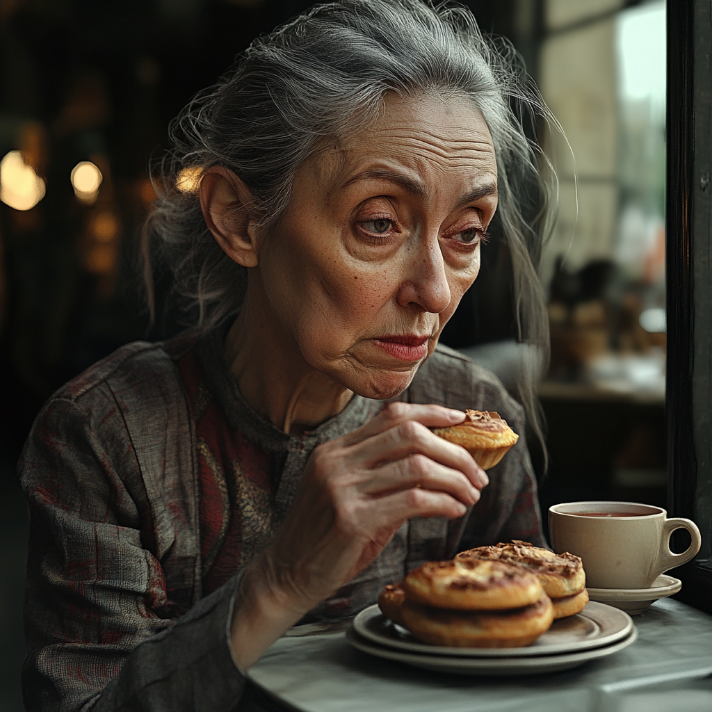 A desperate older woman eating a pastry | Source: Midjourney