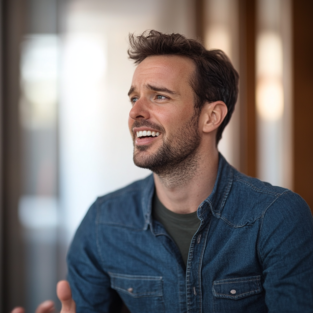 A man smiling while speaking to someone | Source: Midjourney