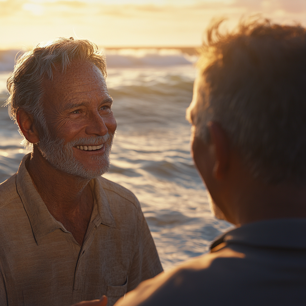 A man smiling at his friend | Source: Midjourney