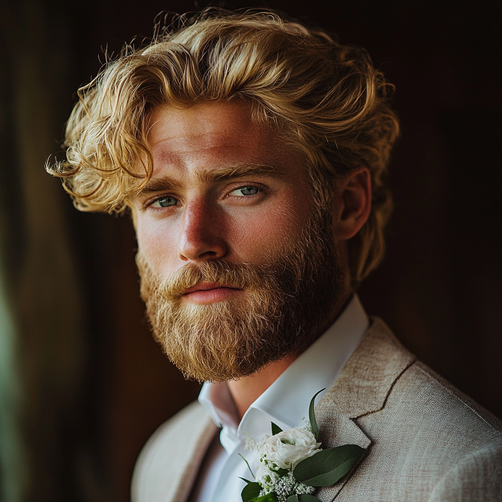 A close up of a groom wearing a linen suit | Source: Midjourney