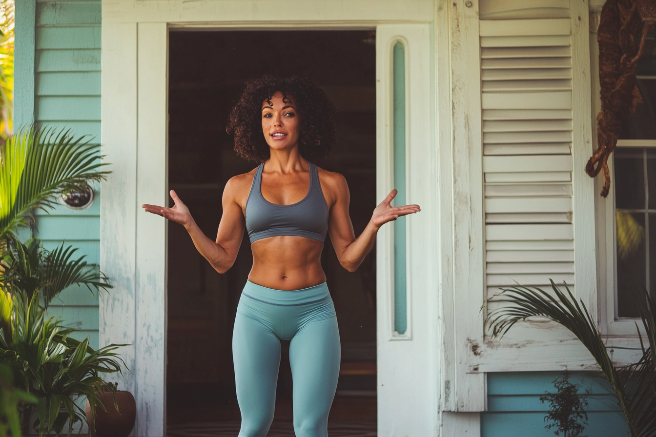 A woman wearing exercise clothes speaking to someone | Source: Midjourney