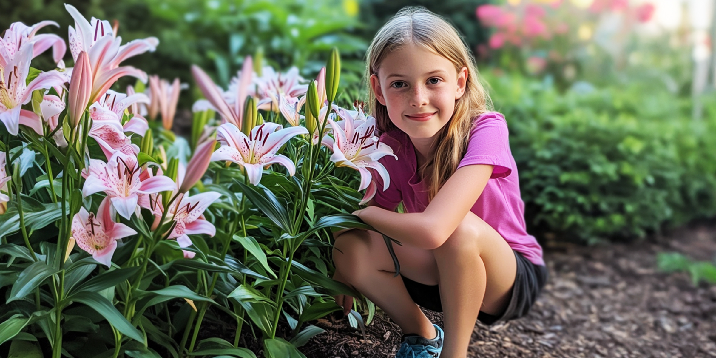 A teen girl crouching beside lilies in a garden | Source: Amomama