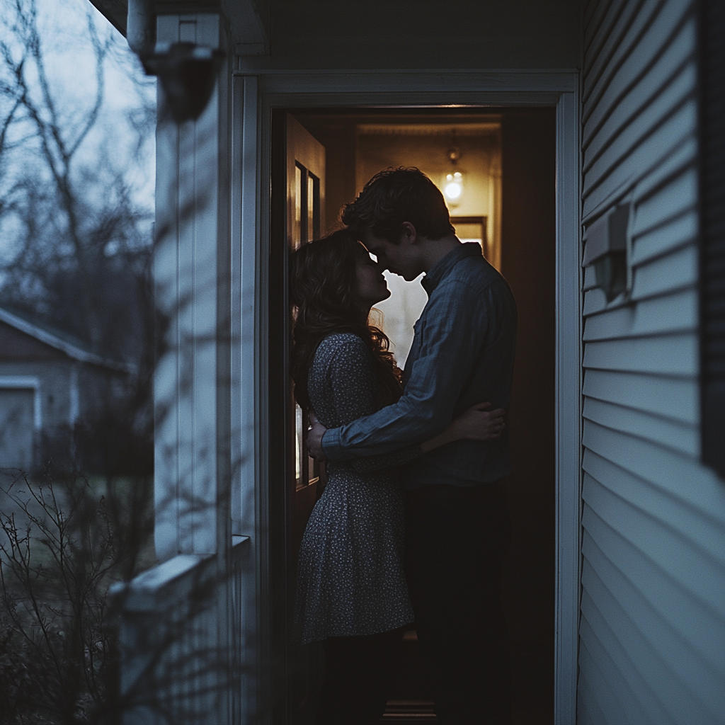 A happy couple hugging in the doorway | Source: Midjourney