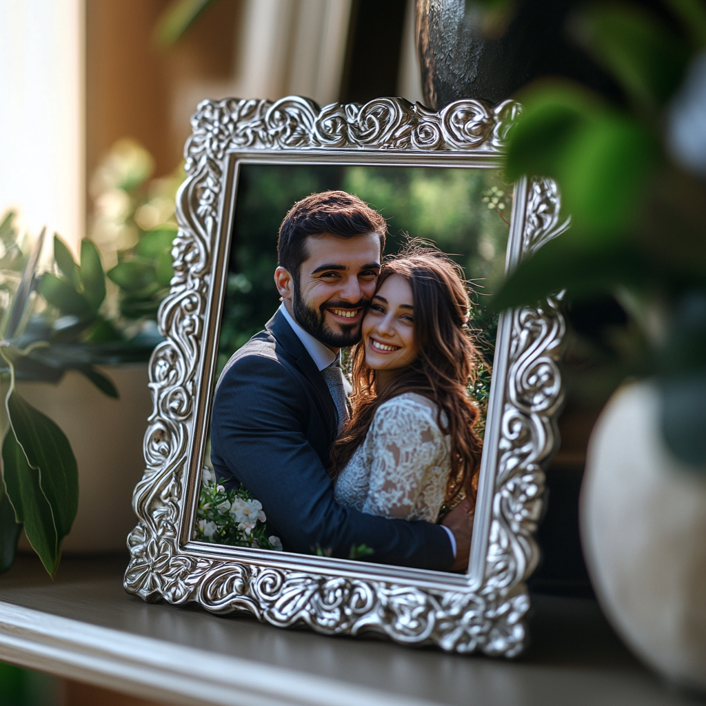 A wedding photo on a shelf | Source: Midjourney