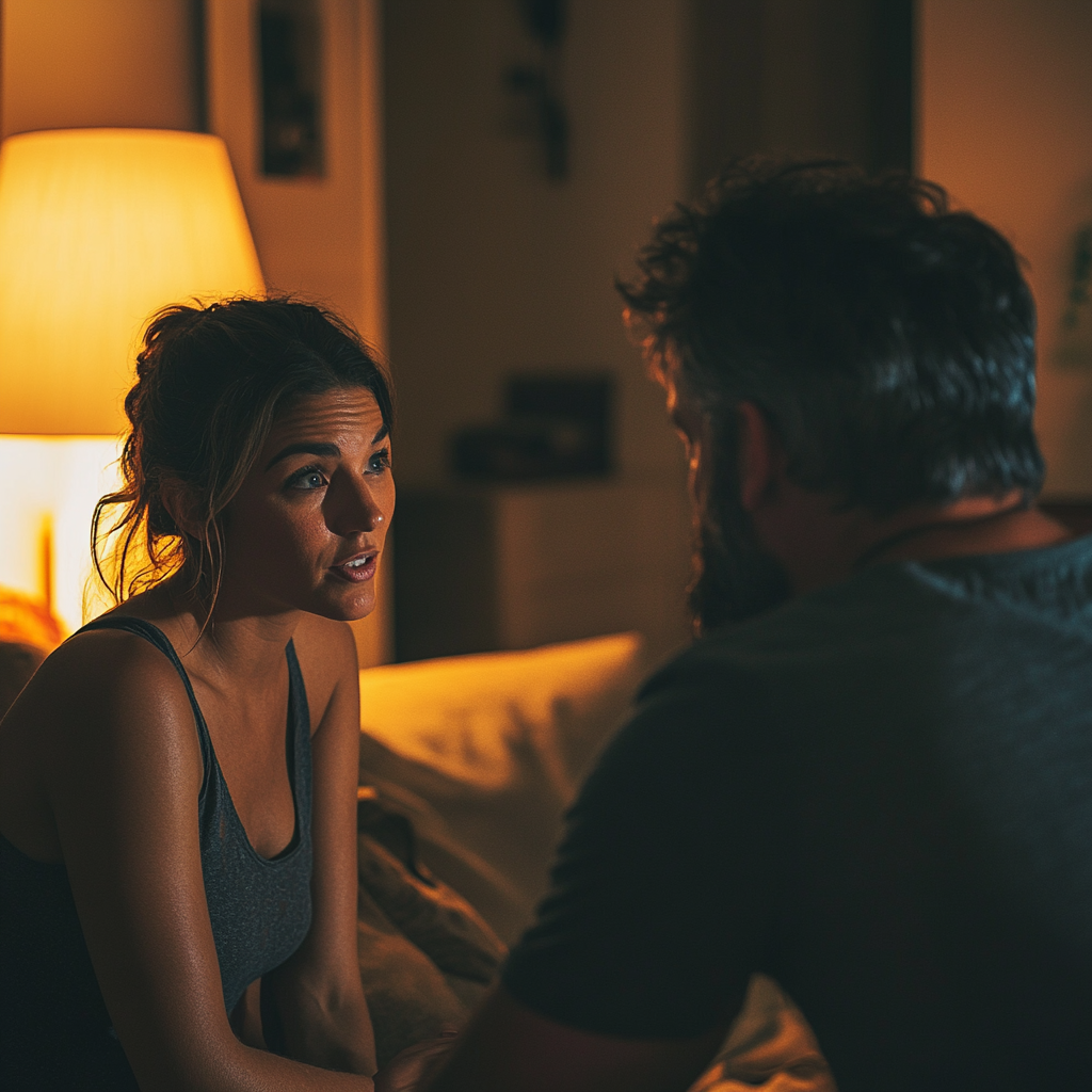 A serious woman talking to a man in the living room | Source: Midjourney