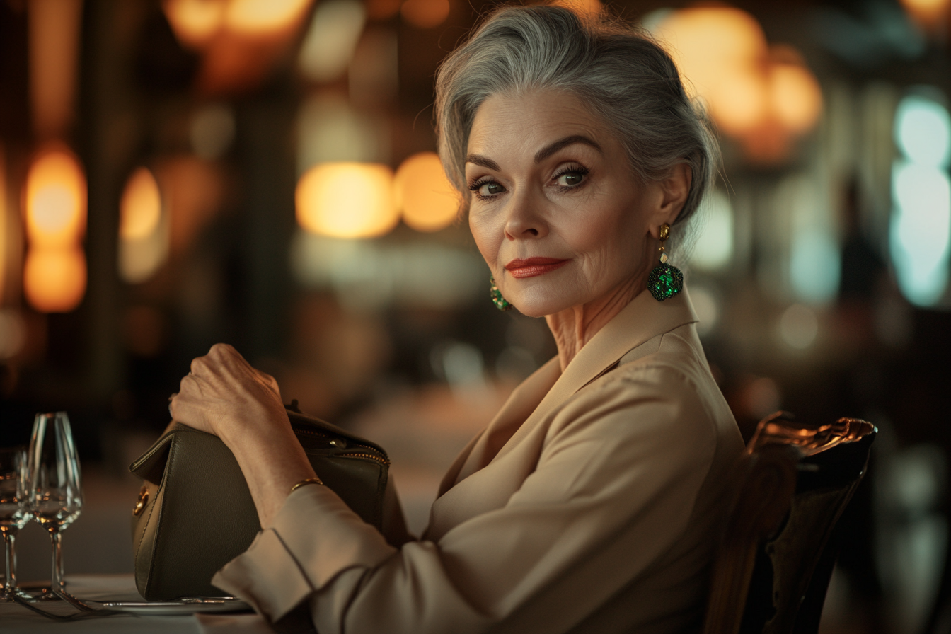 An older woman at a restaurant reaching into her purse | Source: Midjourney