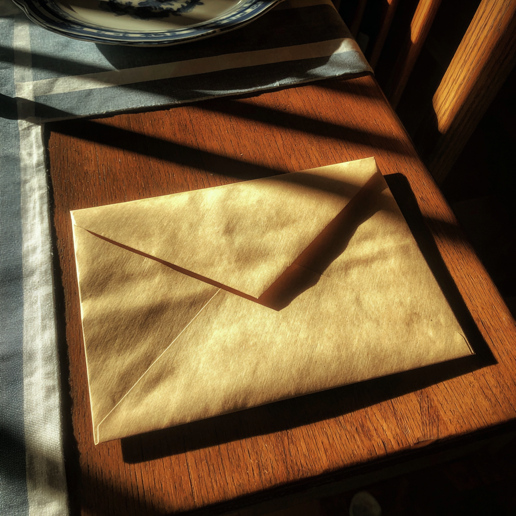 An envelope on a dining room table | Source: Midjourney