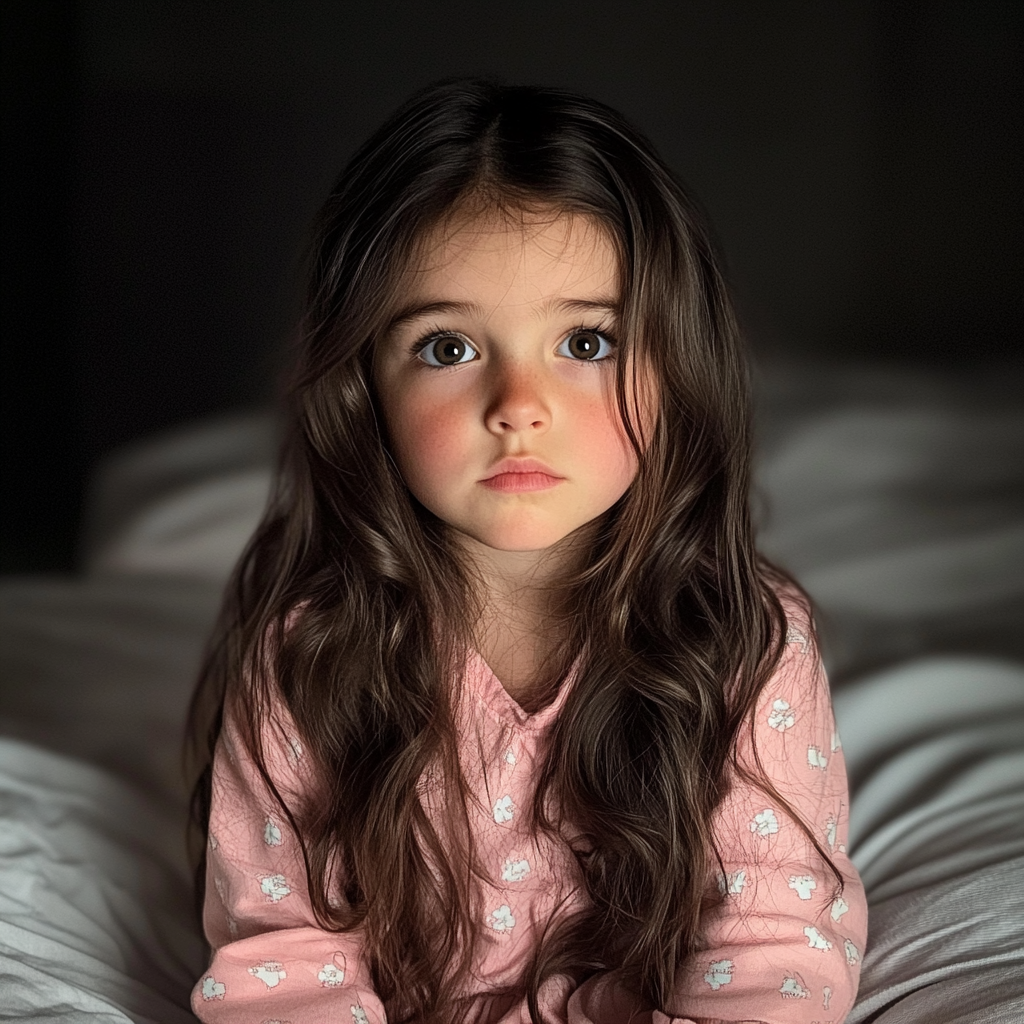 A little girl sitting on a bed | Source: Midjourney
