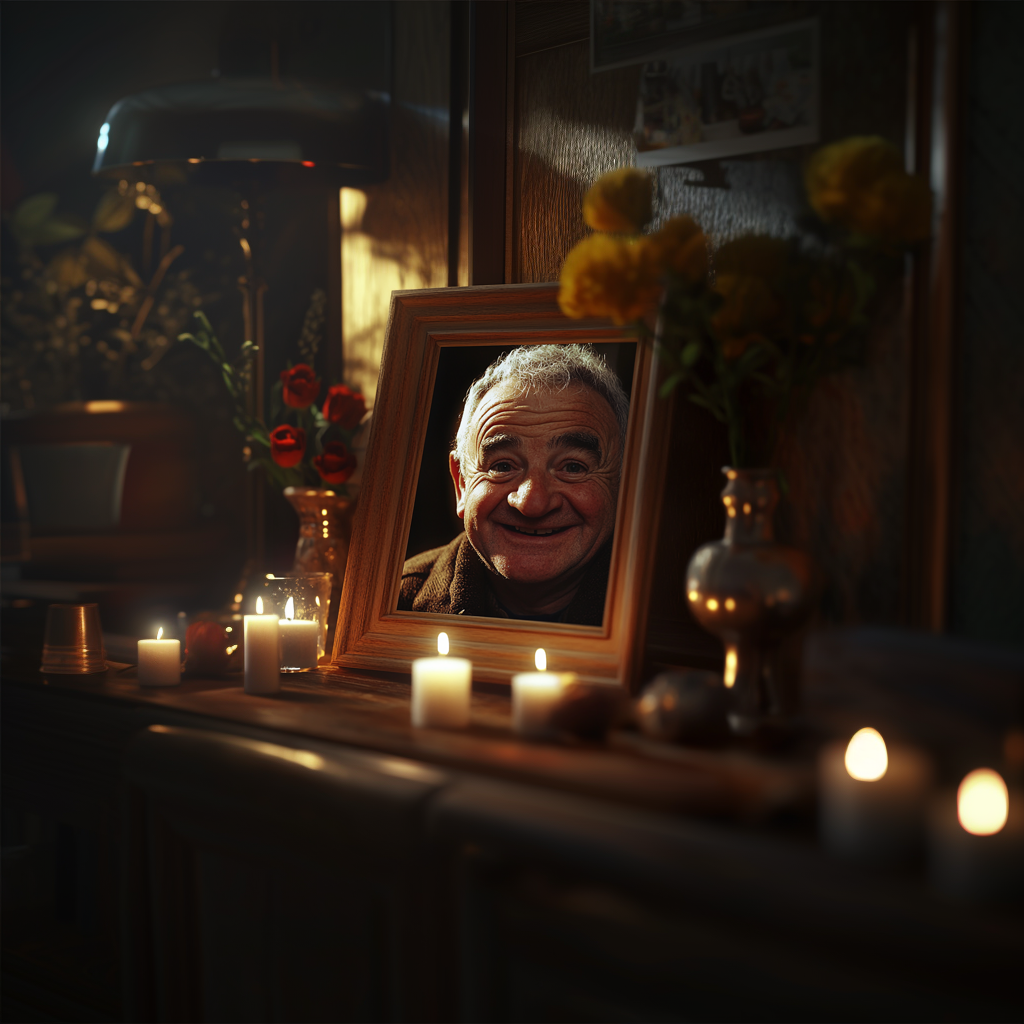 A framed photo of a deceased older man on a table adorned with scented candles and his favorite flowers | Source: Midjourney