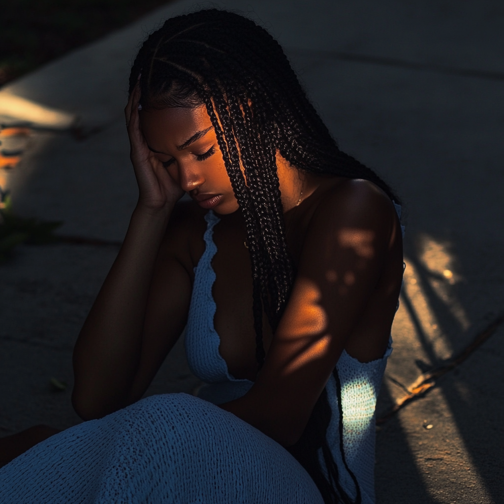 A woman sitting on a sidewalk | Source: Midjourney