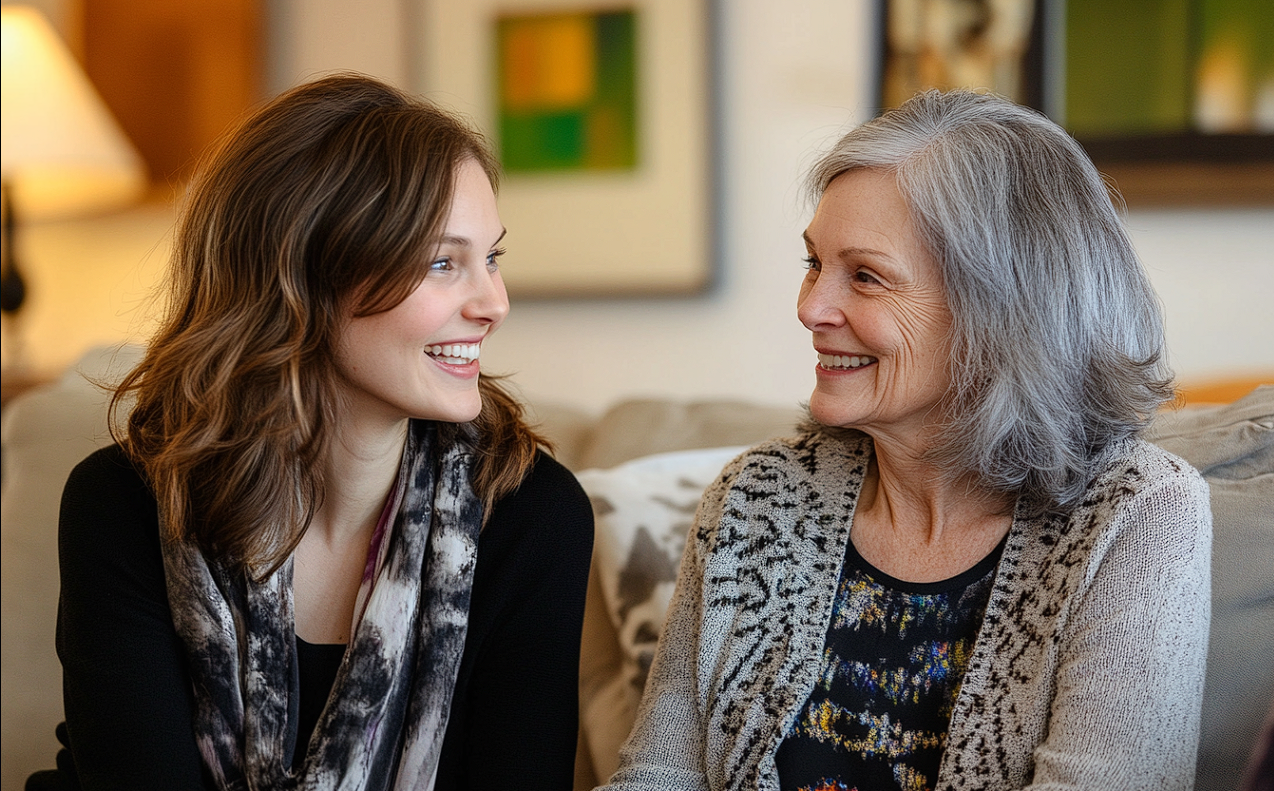 Two women speaking | Source: Midjourney