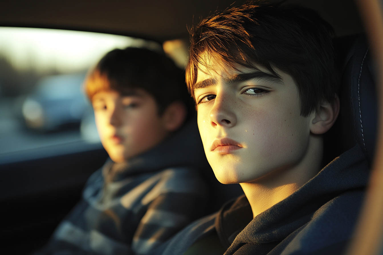 Two teen boys in the backseat of a car | Source: Midjourney