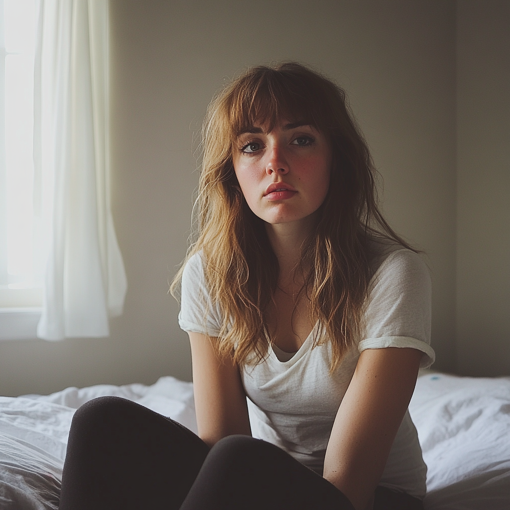 Une femme assise dans un lit | Source : Midjourney