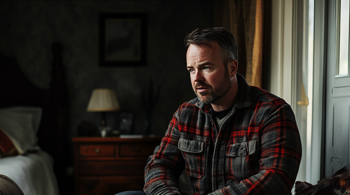 A man speaking to someone in a bedroom | Source: Midjourney