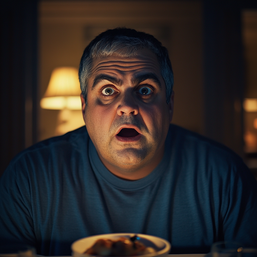 A shocked senior man seated at a dining table | Source: Midjourney