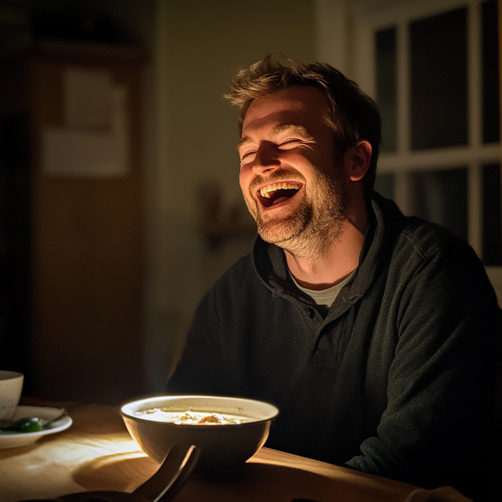 A man sitting at a table and laughing | Source: Midjourney