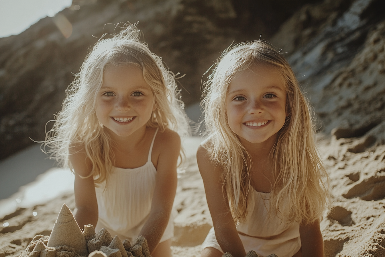 Twin blonde girls, 5 years old, smiling and building a sandcastle on the beach | Source: Midjourney