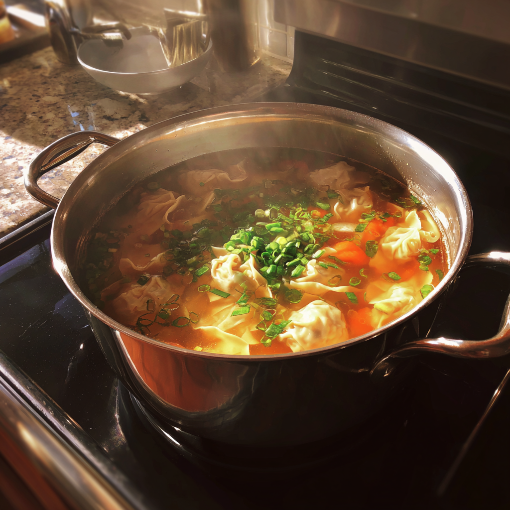 A pot of wonton soup on a stove | Source: Midjourney