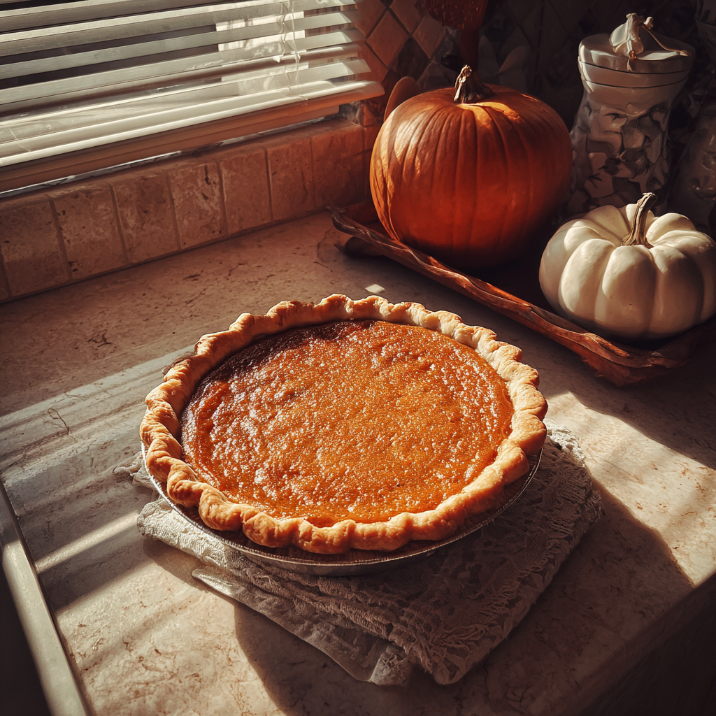 A pumpkin pie on a kitchen counter | Source: Midjourney
