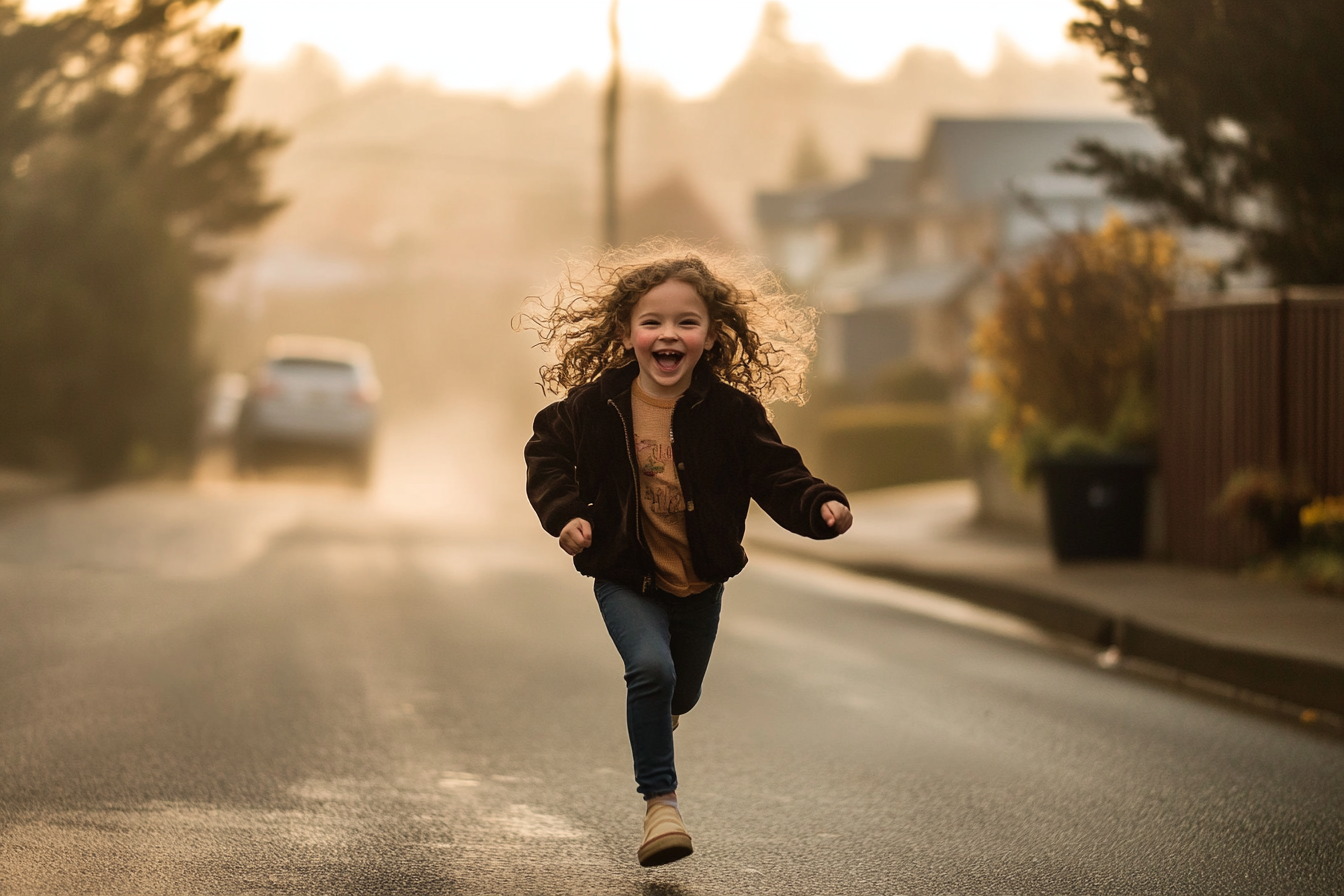 Una niña emocionada corriendo por una calle brumosa | Fuente: Midjourney