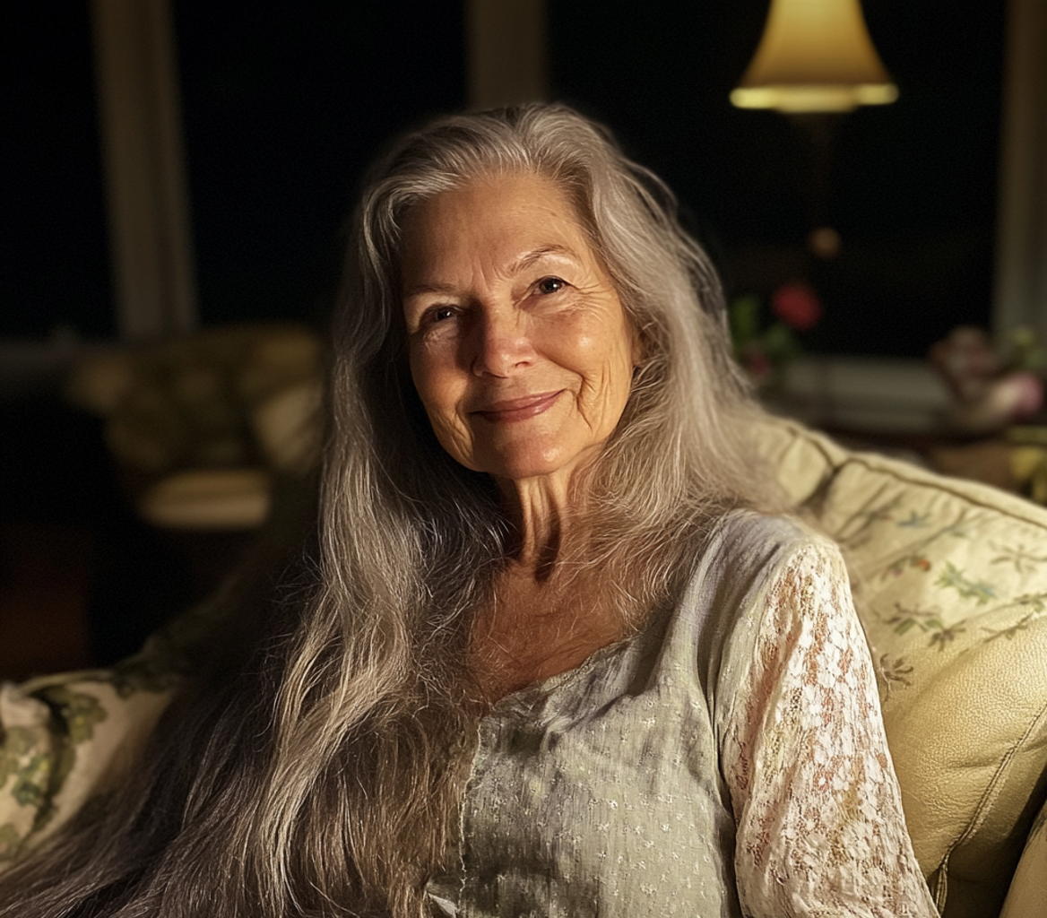 A smiling older woman sitting on a couch | Source: Midjourney