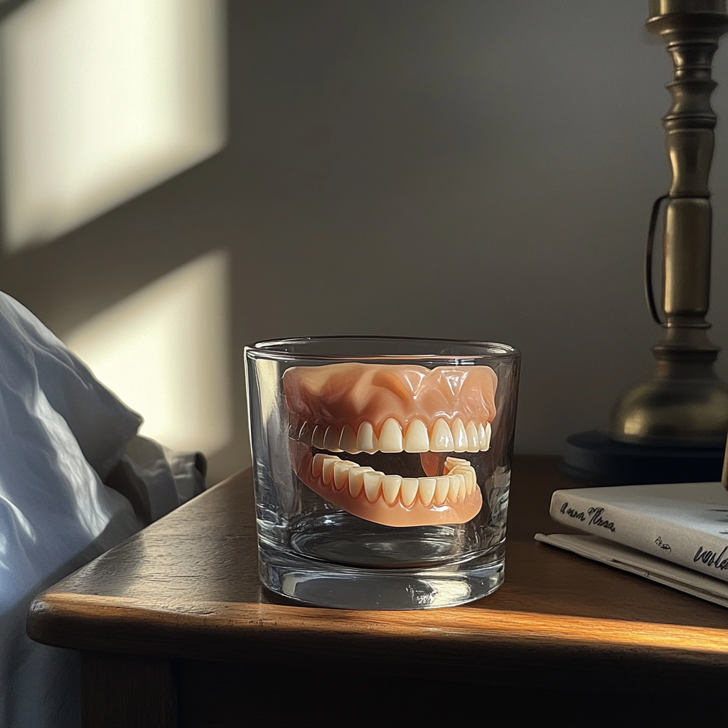 Dentures in a glass of water on a nightstand | Source: Midjourney