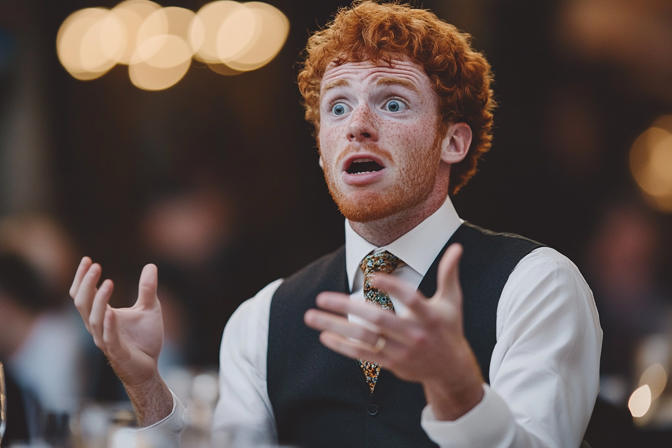 A man at a wedding reception staring at someone in shock | Source: Midjourney