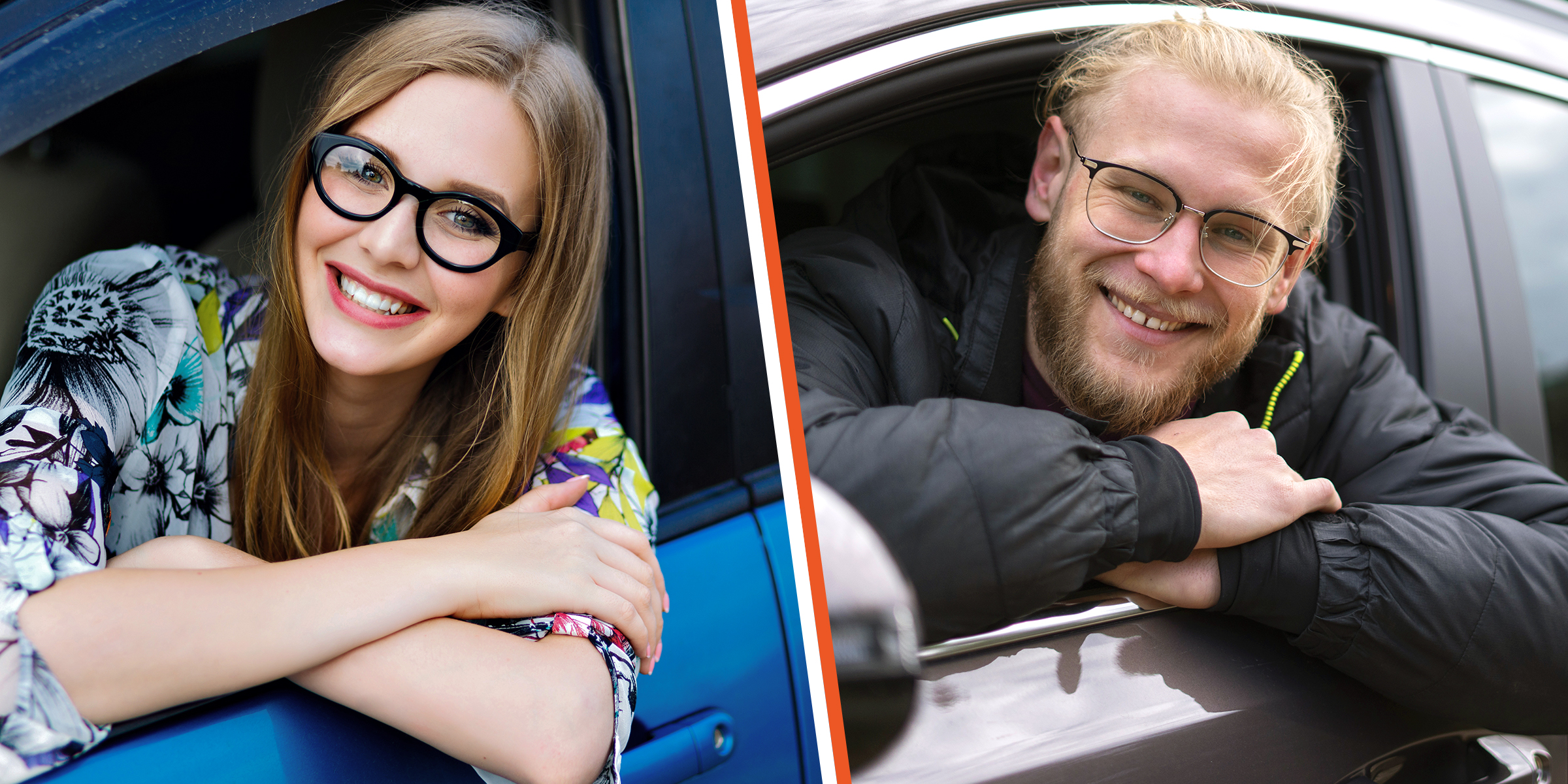 A happy woman leaning out of a car | A happy man leaning out of a car | Source: Shutterstock | Freepik.com/freepik