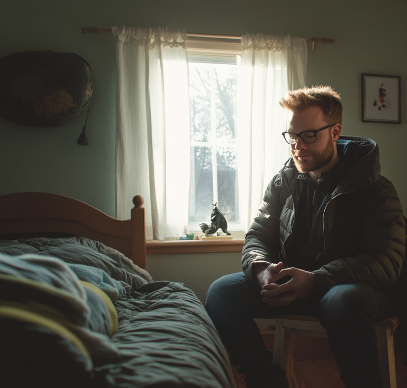 A solemn man sitting in a child's bedroom | Source: Midjourney