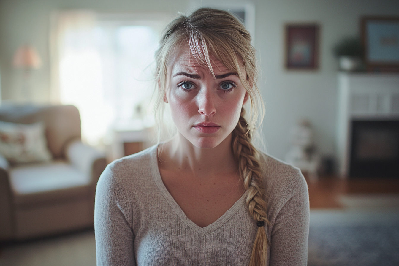 Woman in her 30s looking worried in a living room in the afternoon | Source: Midjourney