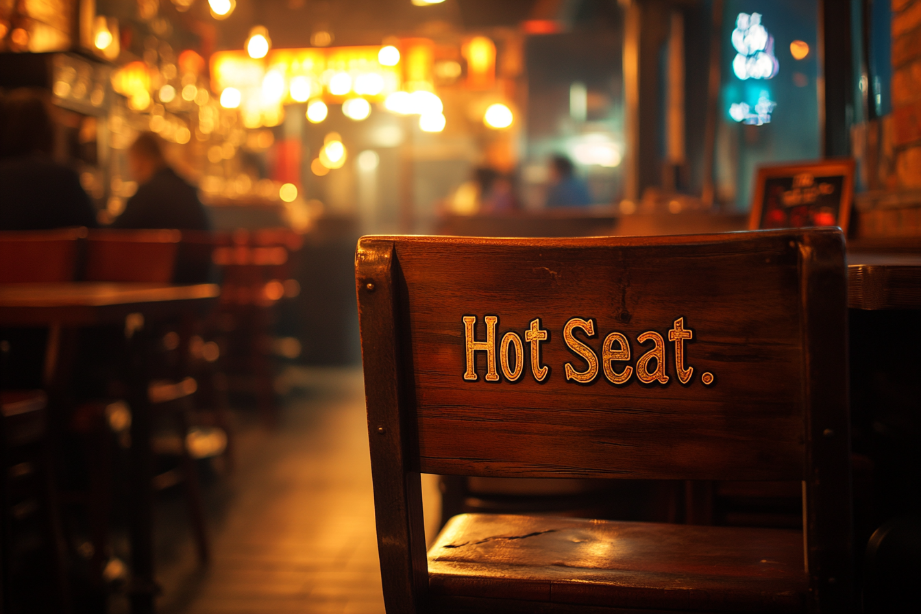 A chair engraved with the word, "Hot Seat." | Source: Midjourney