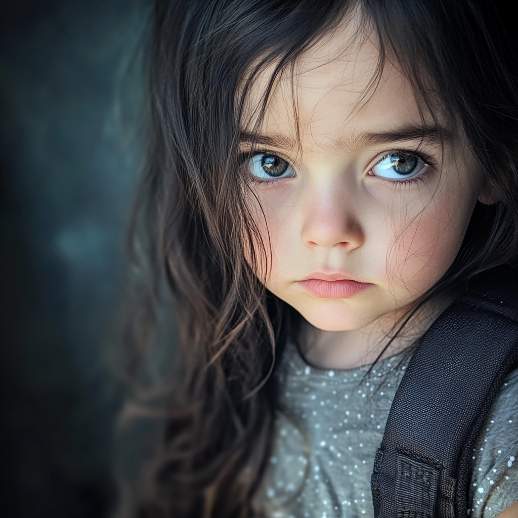 A sad little girl with a backpack on her shoulders | Source: Midjourney