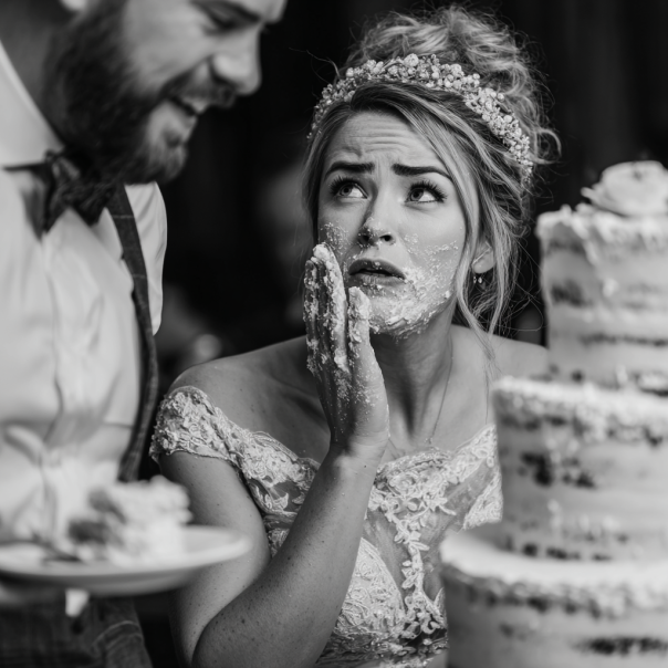 Bride in disbelief, cake cream on her face as groom laughs | Source: Midjourney
