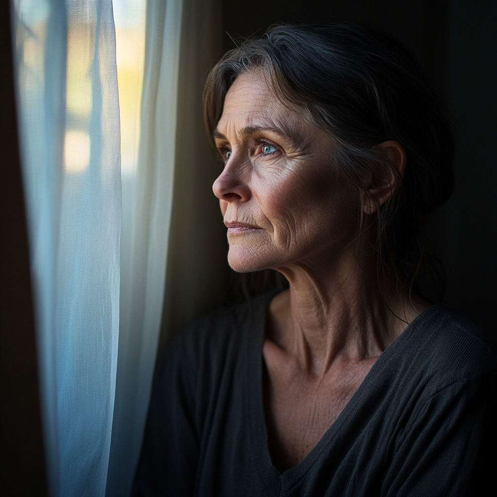 A sad and reflective senior woman staring out the window | Source: Midjourney