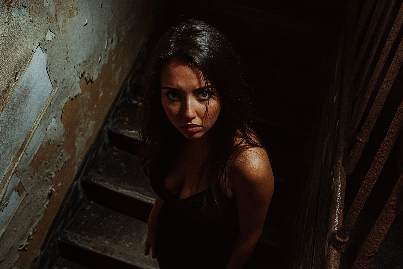 A woman standing on a basement staircase | Source: Midjourney