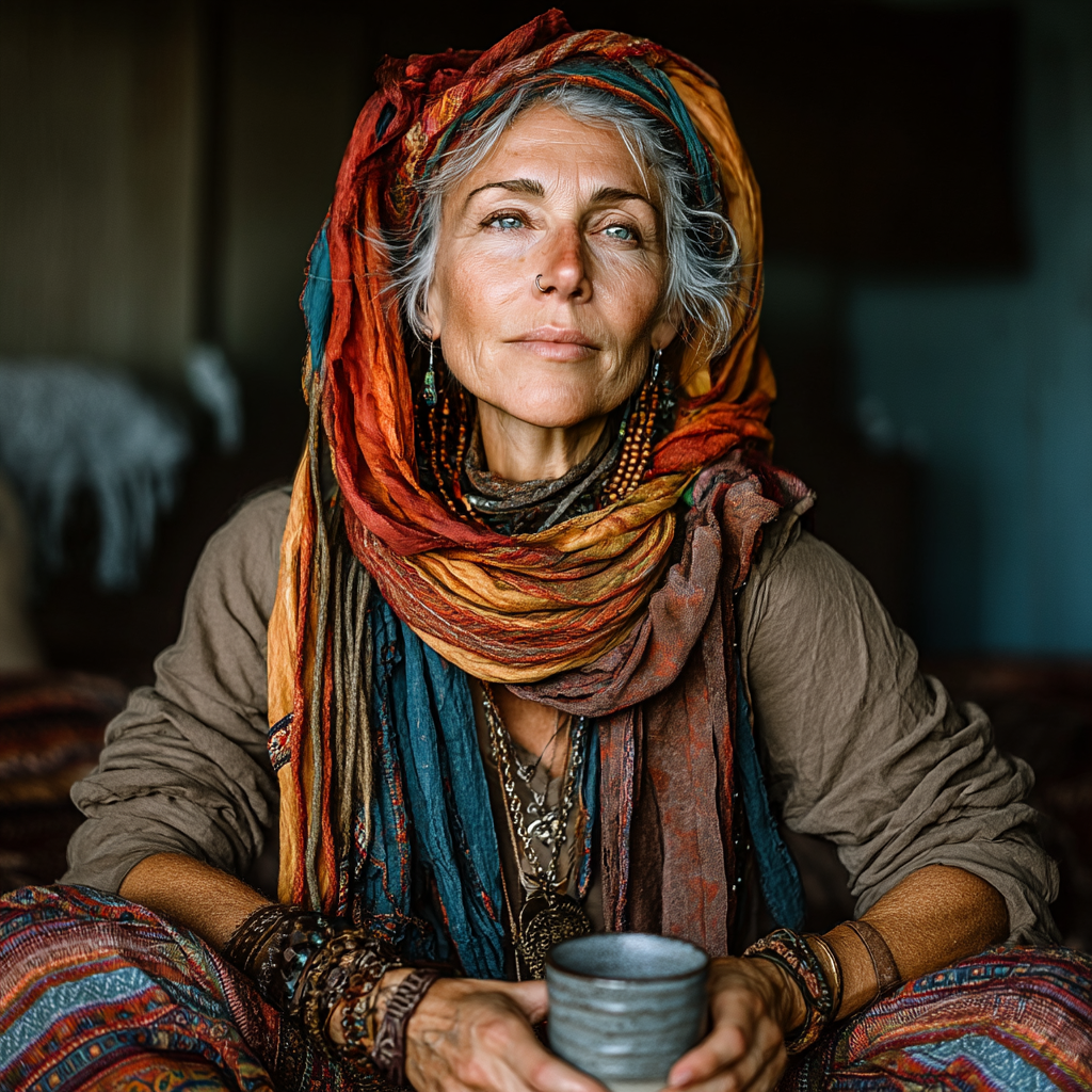 A woman sitting and drinking tea | Source: Midjourney