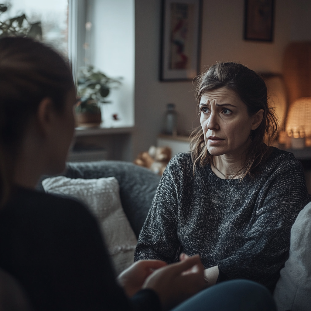 A woman talking to her sister in the living room ⏐ Source: Midjourney