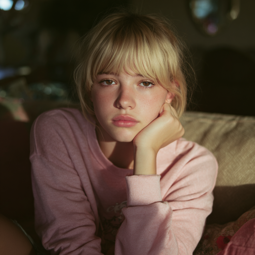 A teenage girl sitting on a couch | Source: Midjourney