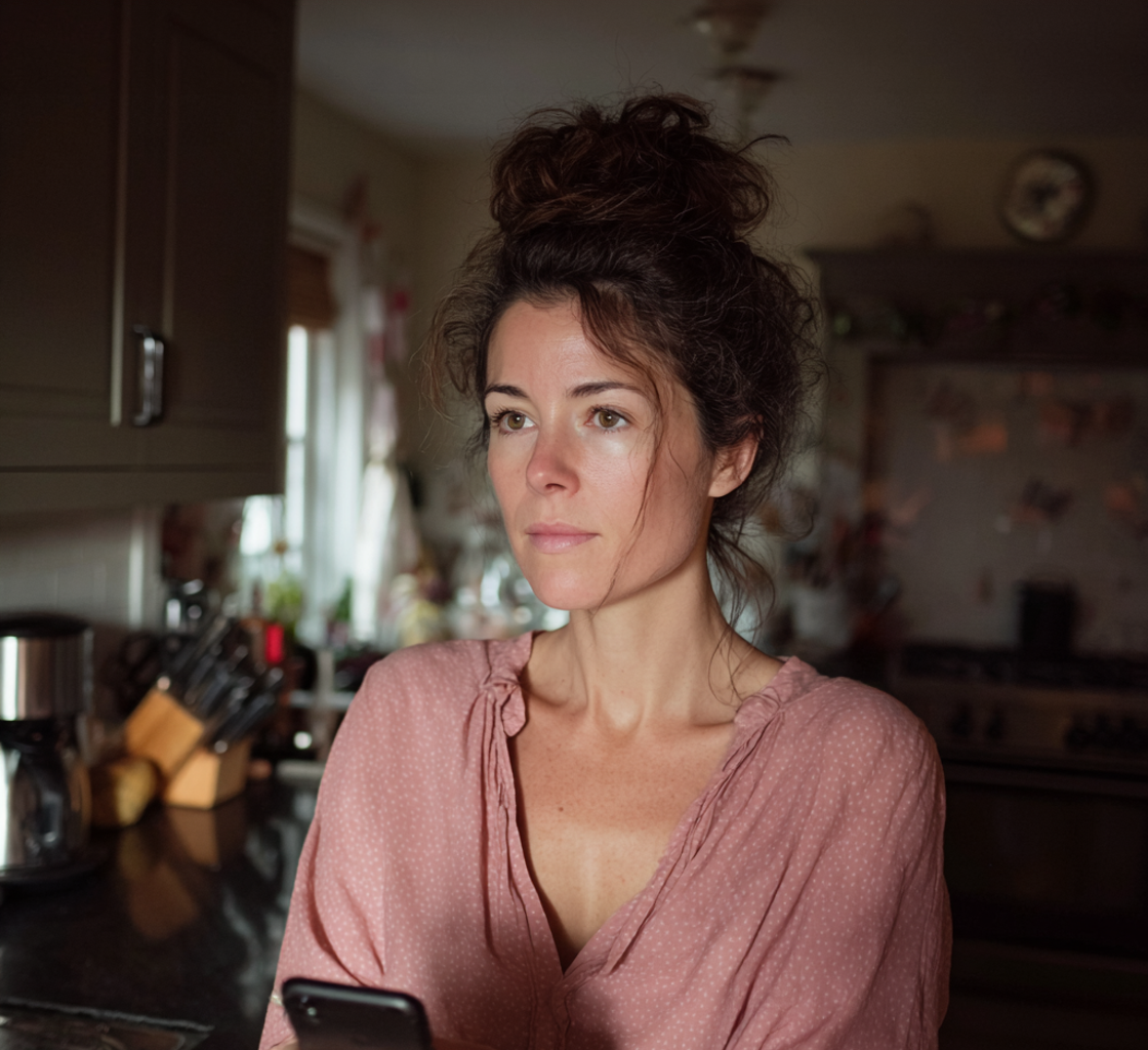 A pensive woman holding her cellphone | Source: Midjourney