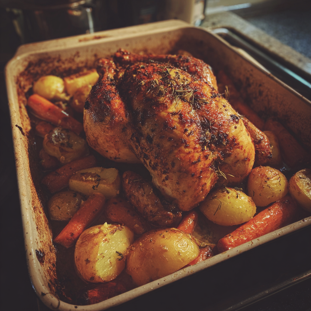 A roast chicken and veggies in an oven tray | Source: Midjourney