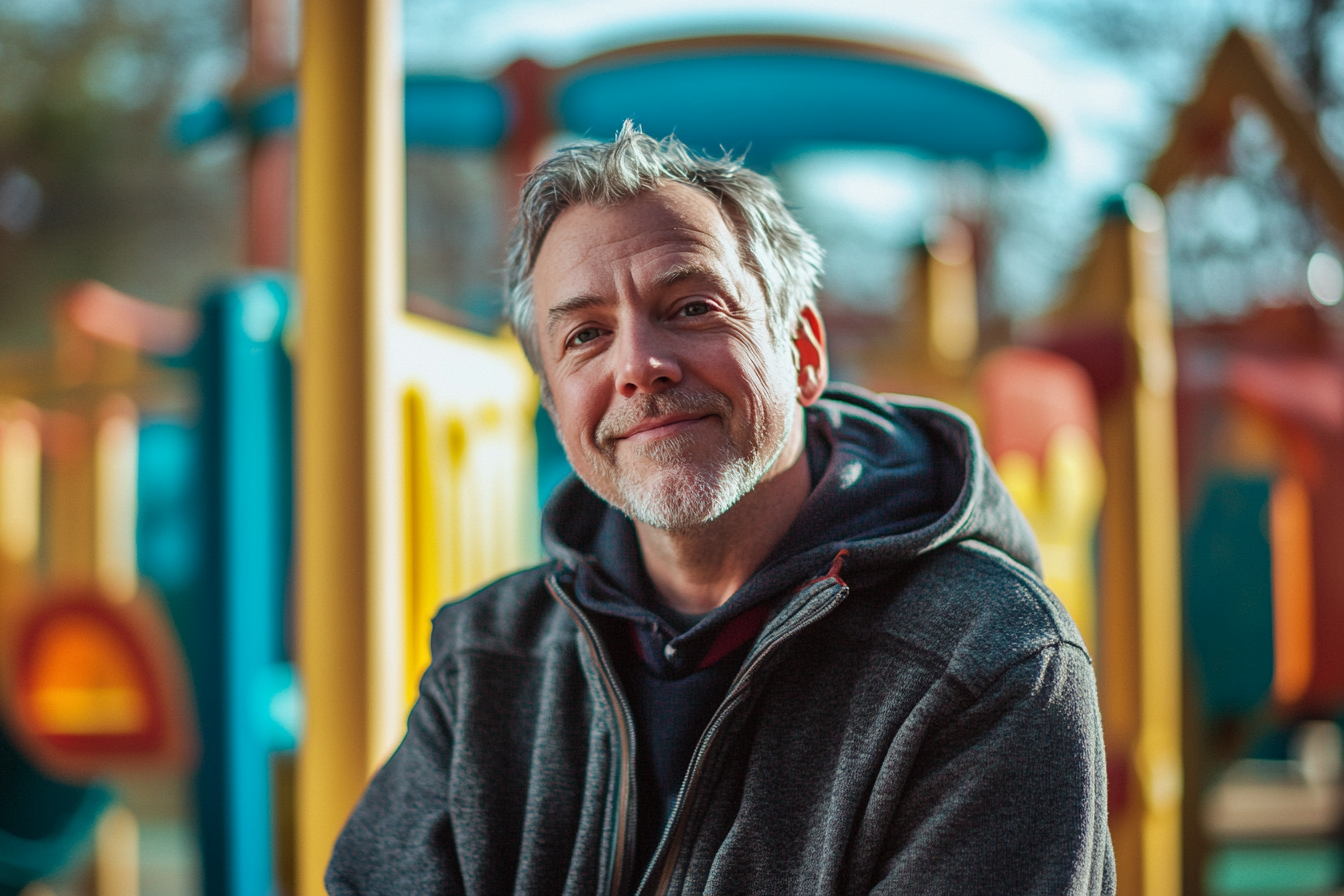 Man smiling at an outdoor playground at a children's center | Source: Midjourney