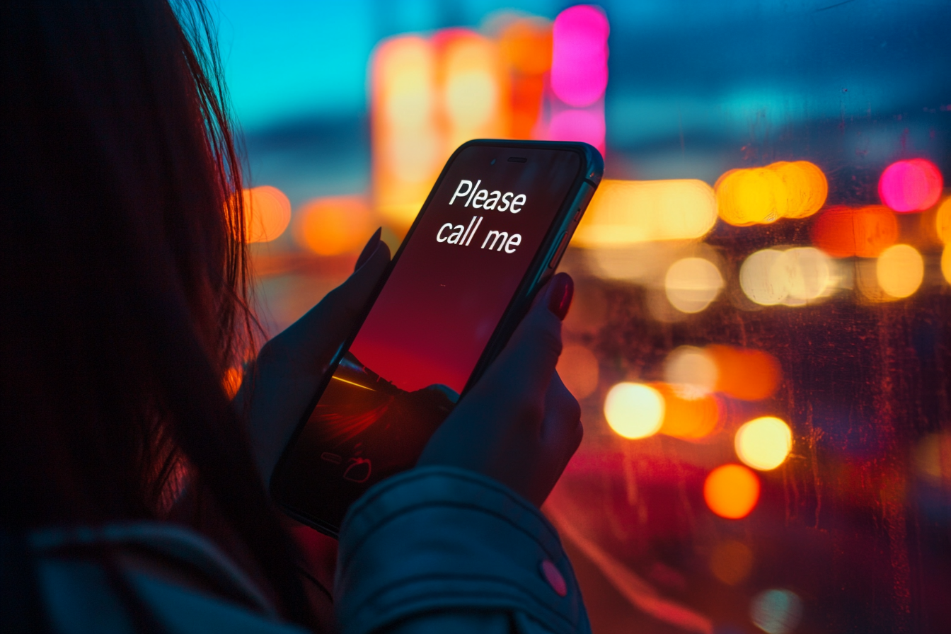 A woman holding a phone with a message | Source: Midjourney