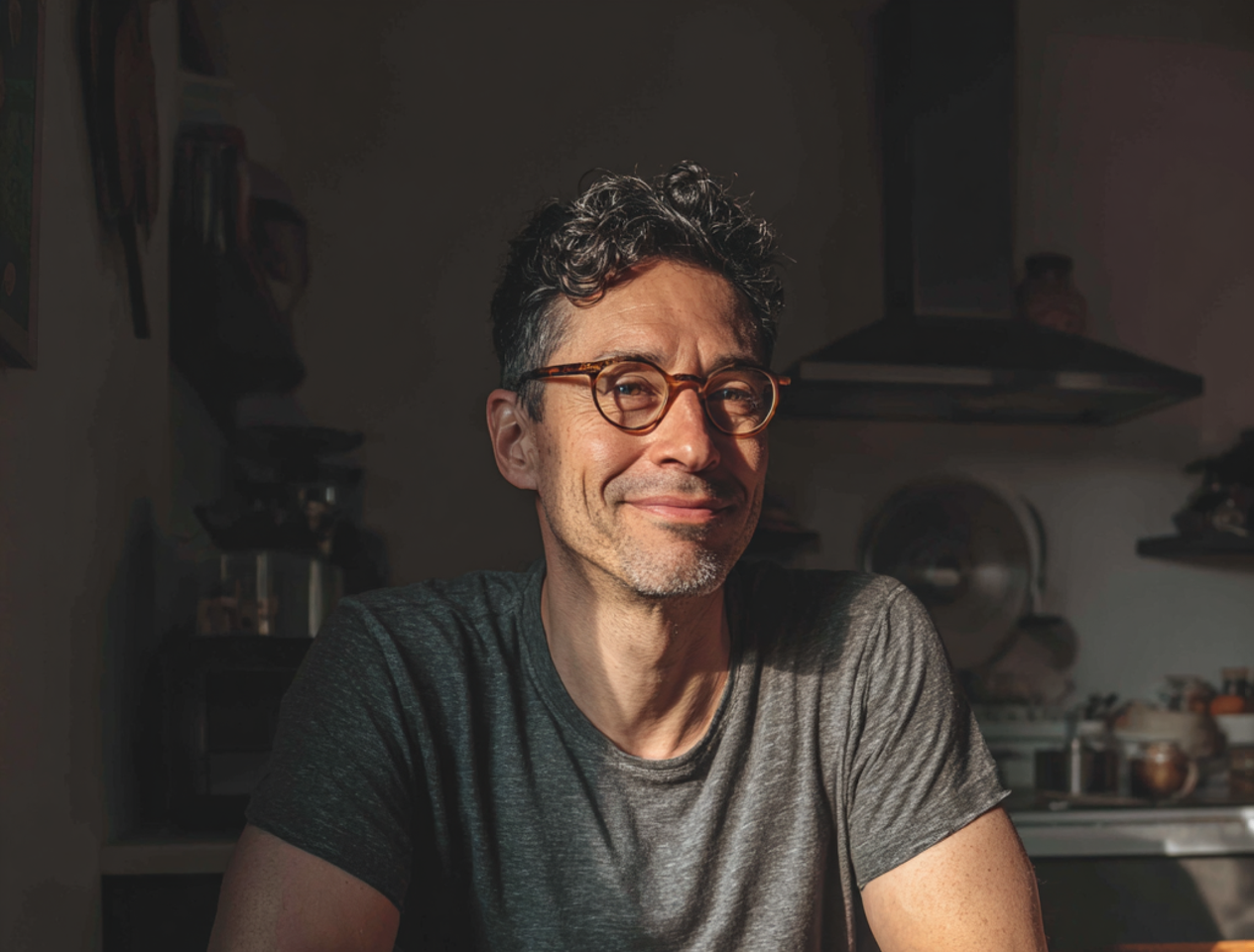 A smiling man sitting at a kitchen table | Source: Midjourney