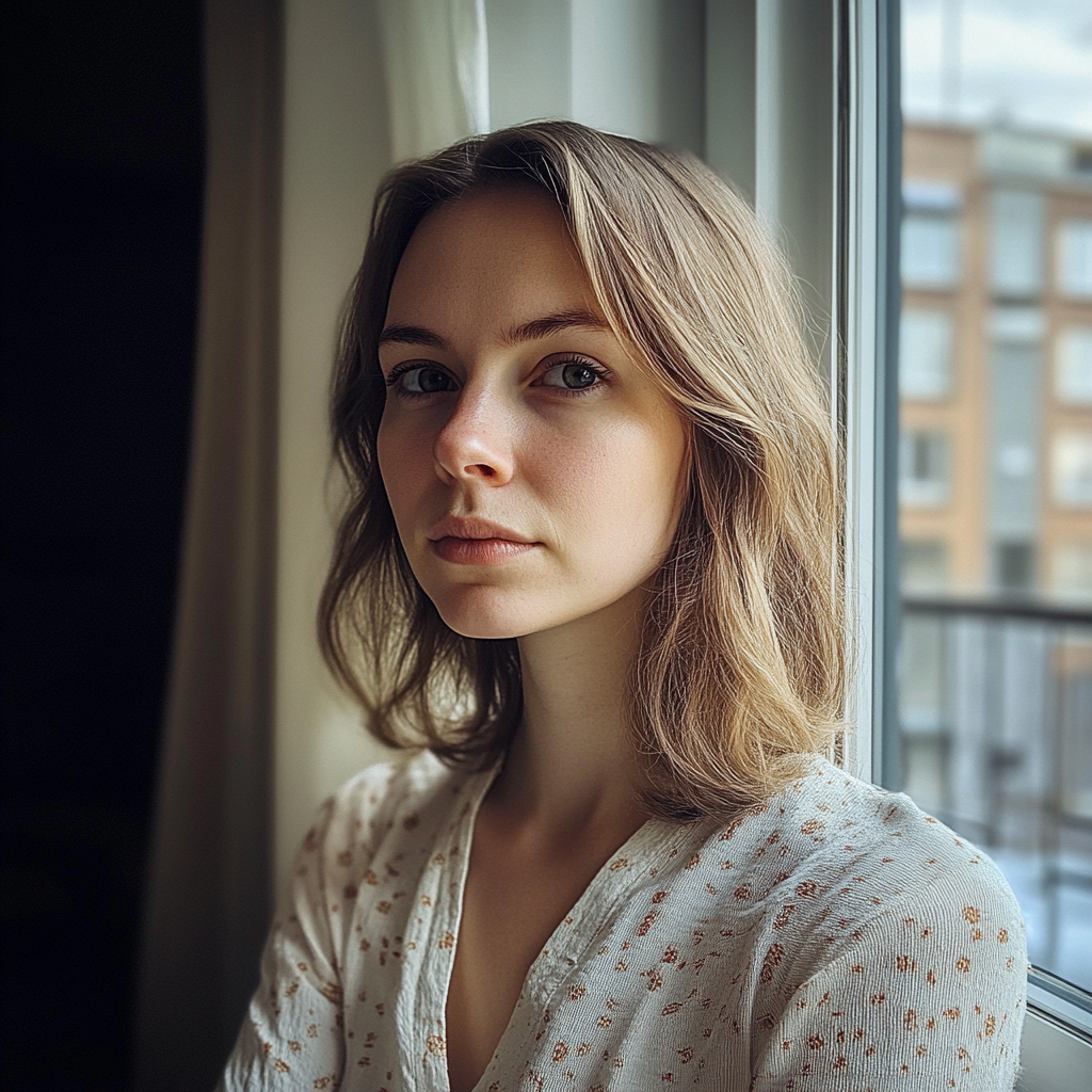 A woman standing by a window | Source: Midjourney