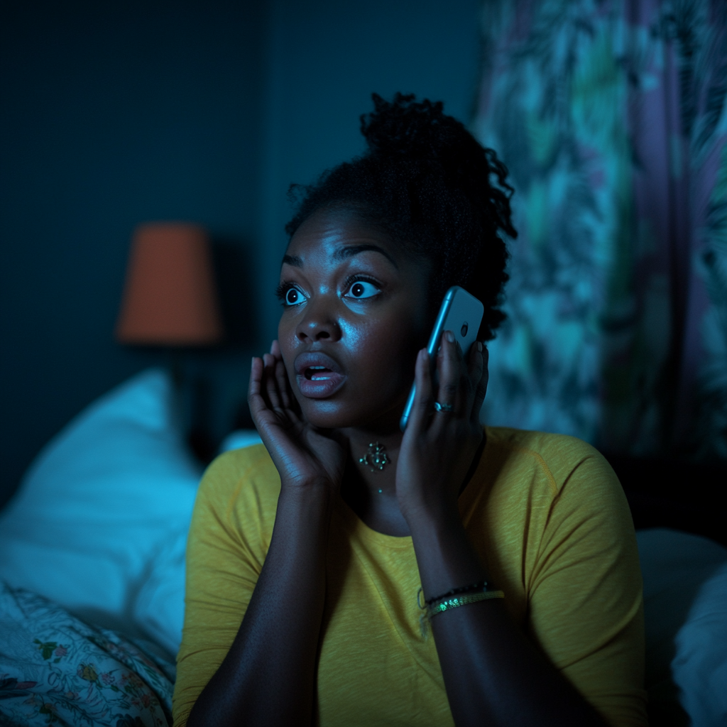 A shocked woman talking on her phone | Source: Midjourney